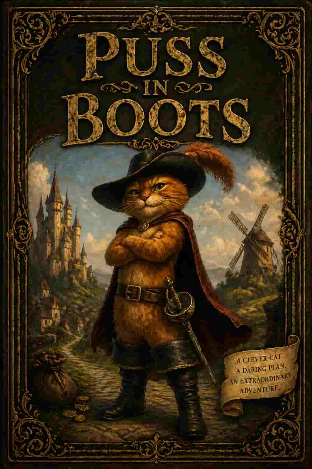 Vintage Puss in Boots cover; a stylish cat in leather boots and a feathered hat in a classic gold and royal red illustrated style.