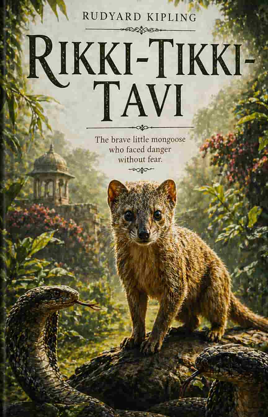 Vintage book cover for Rikki-Tikki-Tavi featuring a mongoose in a defensive stance against a cobra in a classic, vibrant illustrated style.