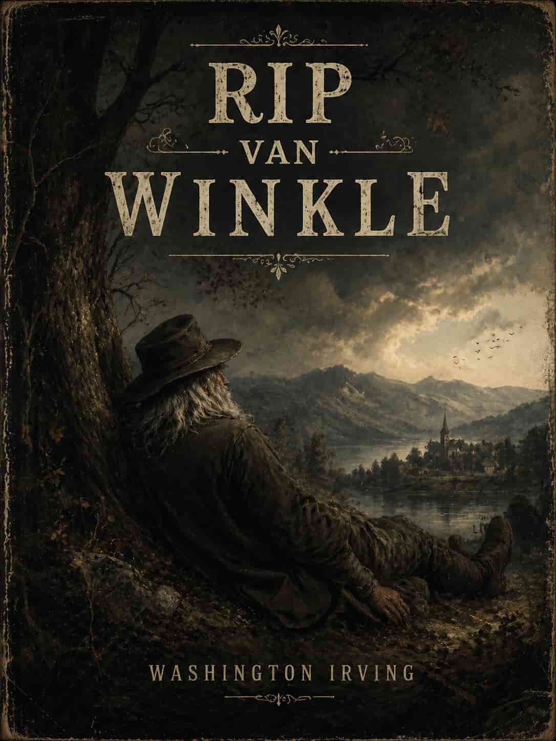 Vintage book cover for Rip Van Winkle; an old man with a long white beard waking up in the mountains in a classic illustrated style.