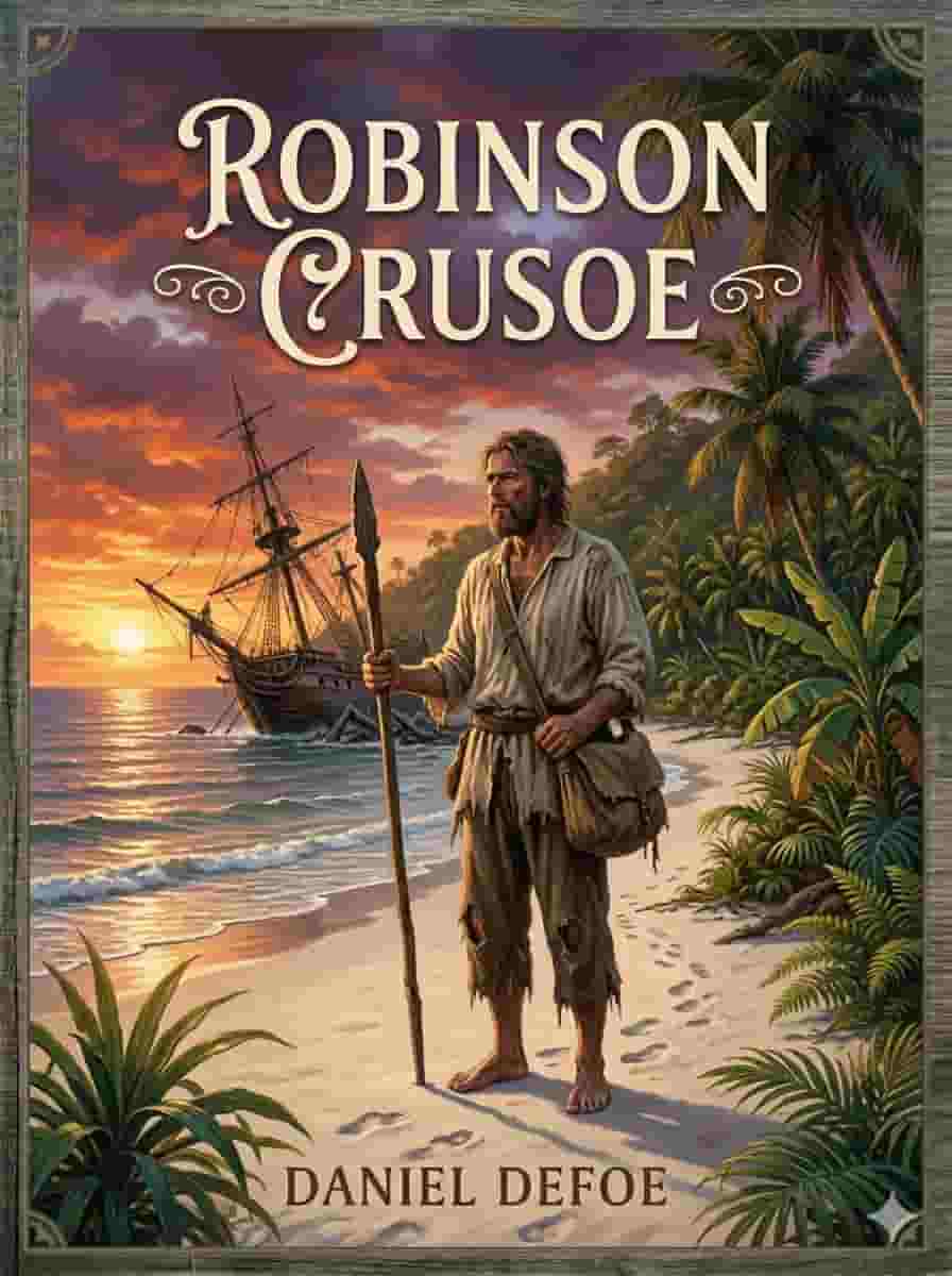 A man standing alone on a tropical island beach with a wooden shelter and ocean view, adventure book cover design