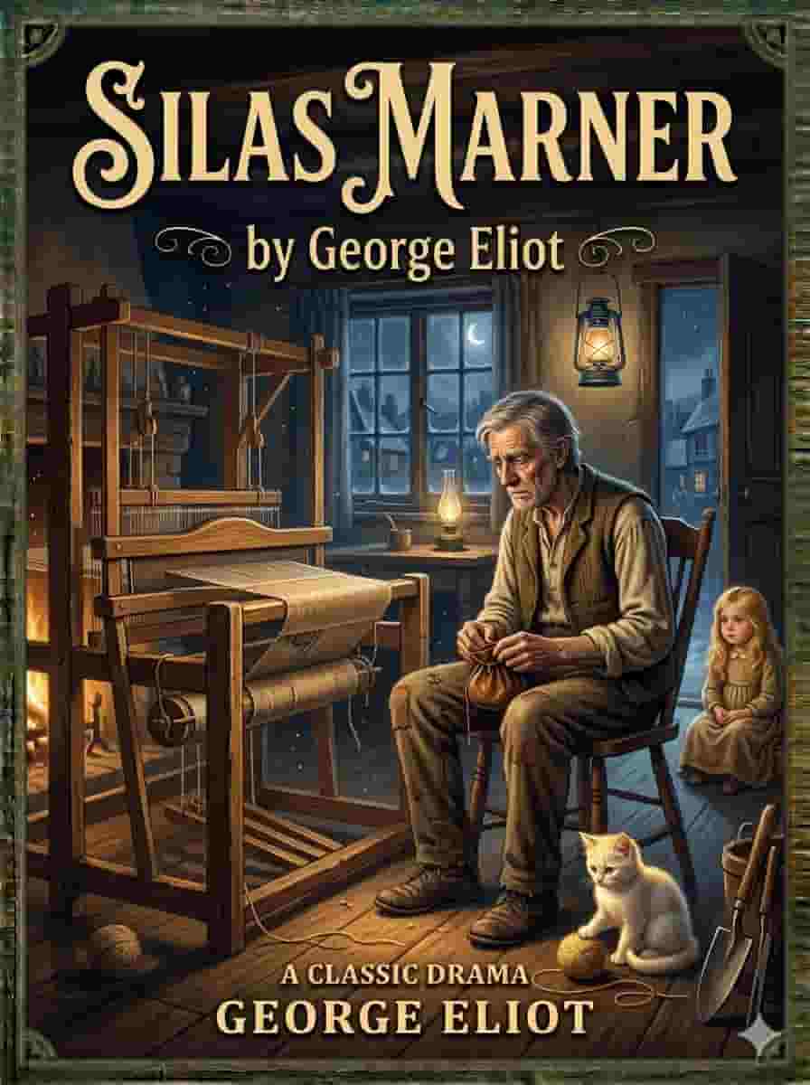 An old man and a small child in a warm cottage with soft firelight, emotional classic book cover design