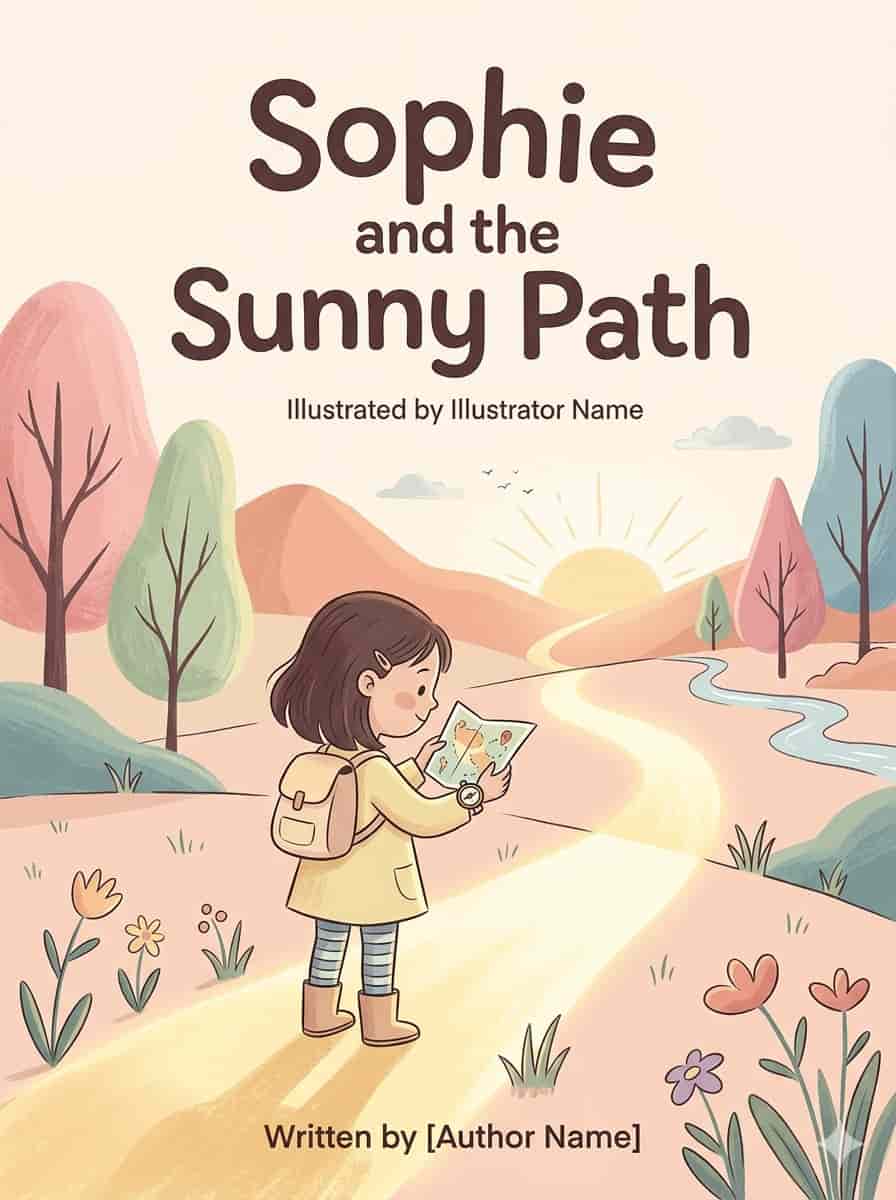 A young girl walking on a sunny path holding a small map, surrounded by trees and flowers