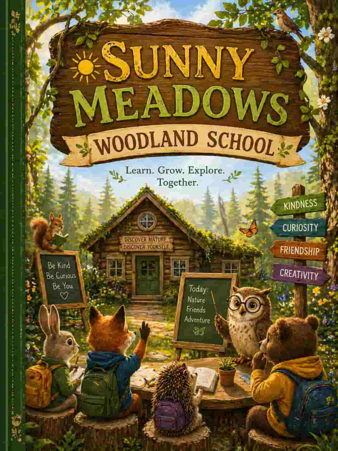 Colorful book cover for Sunny Meadows Woodland School; cute forest animals like foxes and owls gathered in a sunlit forest classroom.