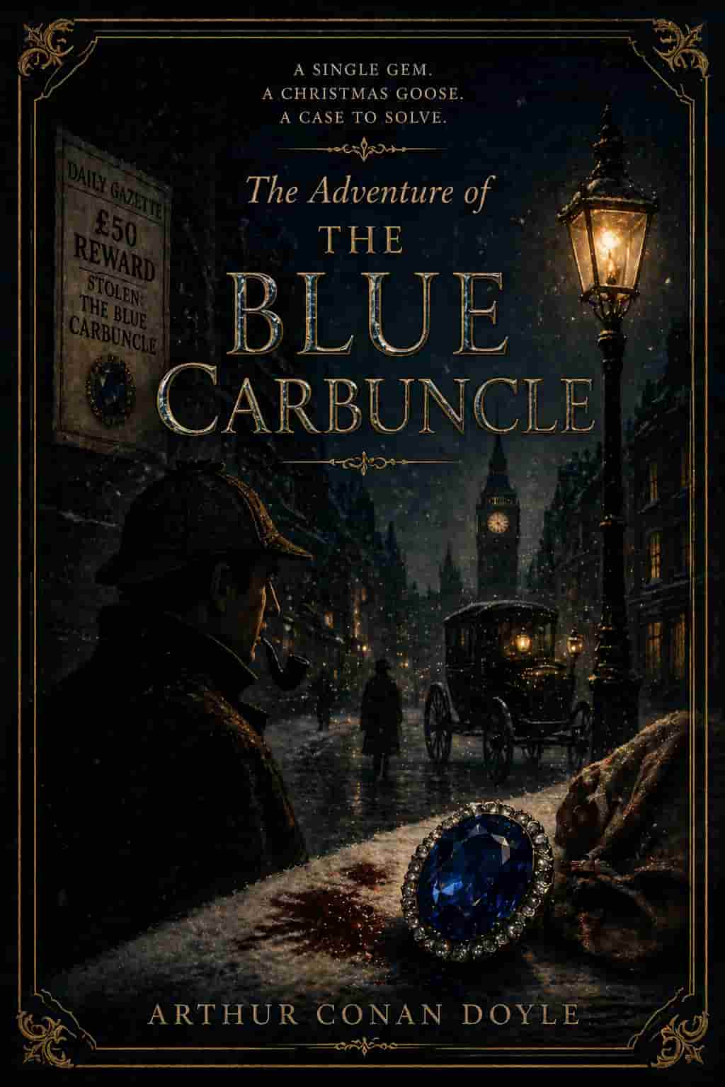 Vintage Sherlock Holmes cover; a brilliant blue gem, a magnifying glass, and a winter hat in a classic Victorian mystery style.