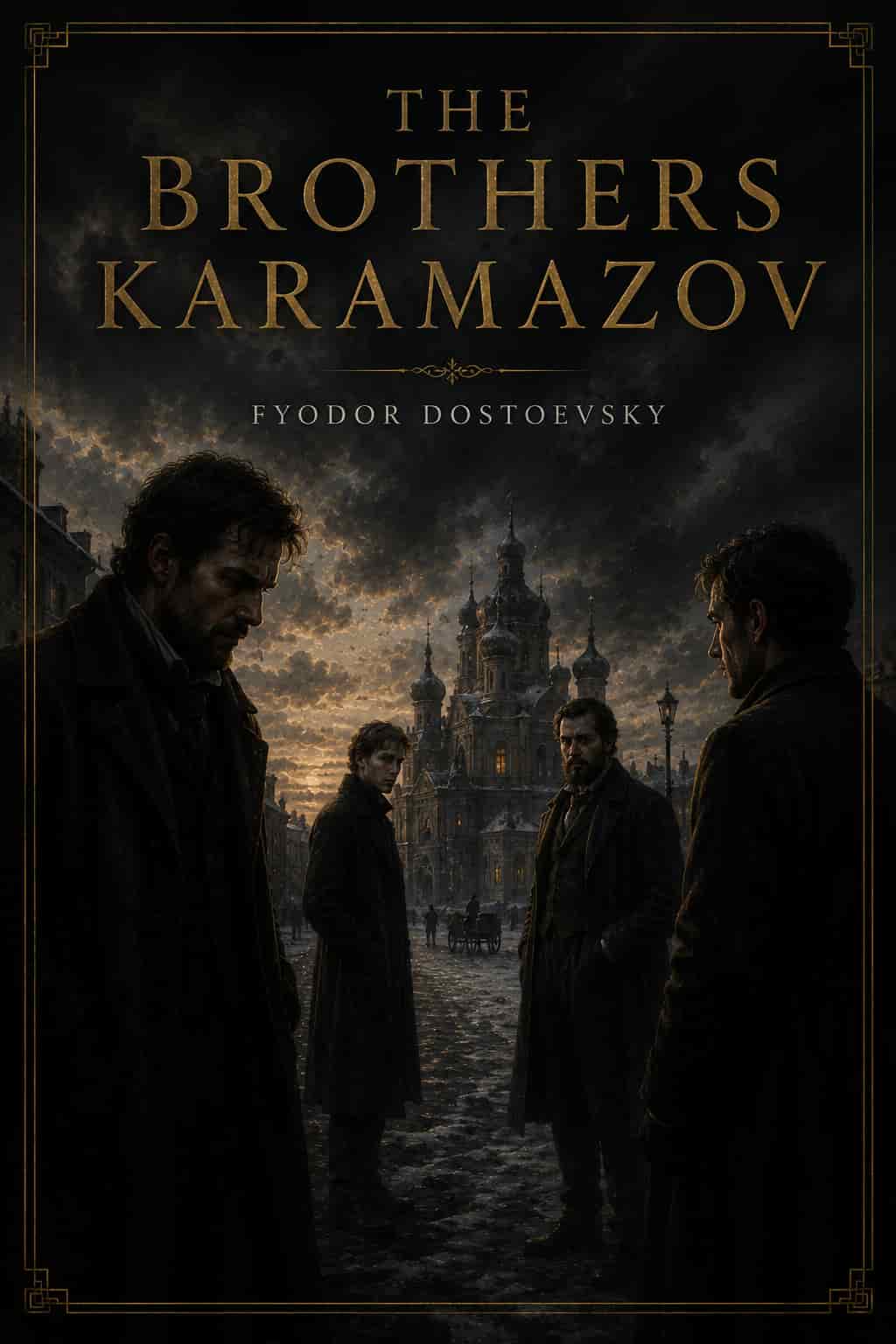 The Brothers Karamazov by Fyodor Dostoevsky book cover featuring a classic Russian literature theme and philosophical family drama