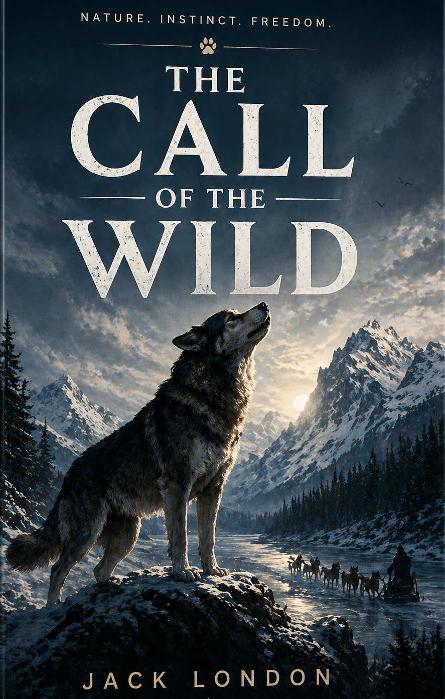 Vintage book cover of The Call of the Wild showing Buck in the snowy wilderness with a gold-leaf title and classic illustration style.