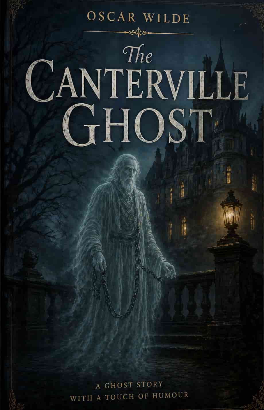 Vintage Canterville Ghost cover; a stylized ghost and Victorian manor. Classic gold-leaf and dark blue illustrated style. Elegant design.