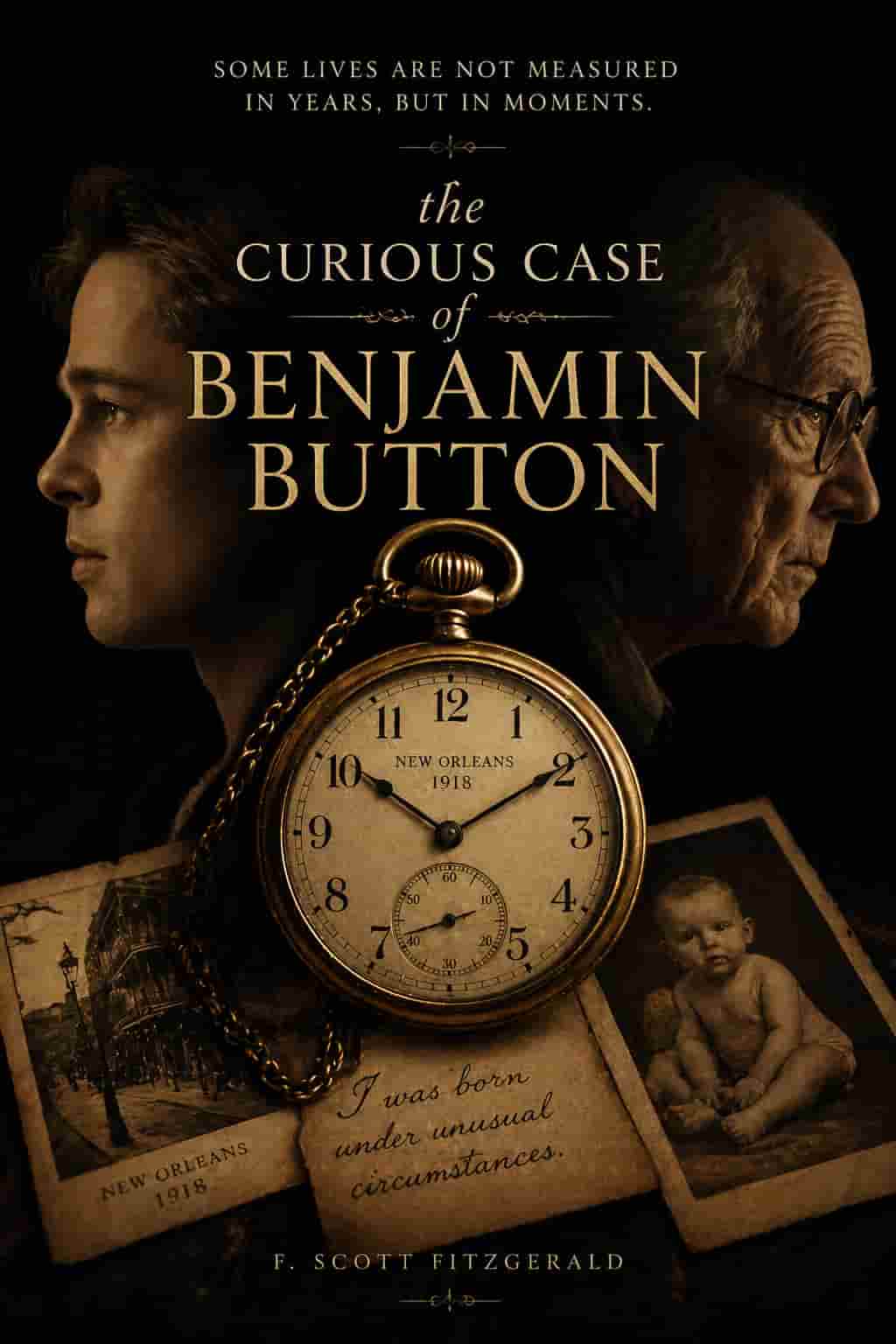 Vintage cover for Benjamin Button; a pocket watch and silhouettes of a man at different ages in a classic gold and navy Jazz Age style.