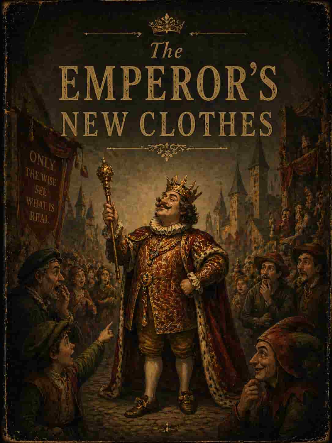 Vintage book cover for The Emperor's New Clothes; an ornate throne, rich fabrics, and a crown in a classic gold and royal blue style.
