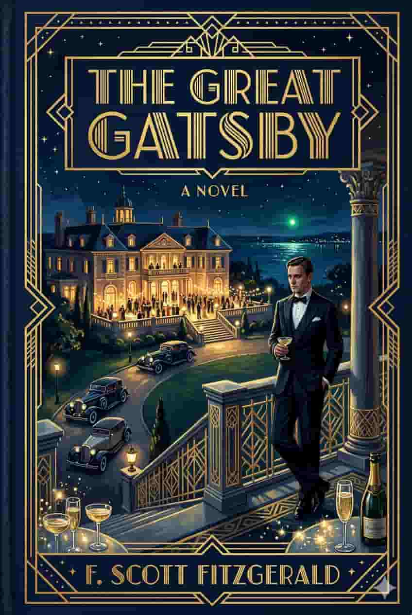 A man in a tuxedo standing in front of a luxurious 1920s mansion at night with glowing lights, classic literary book cover design