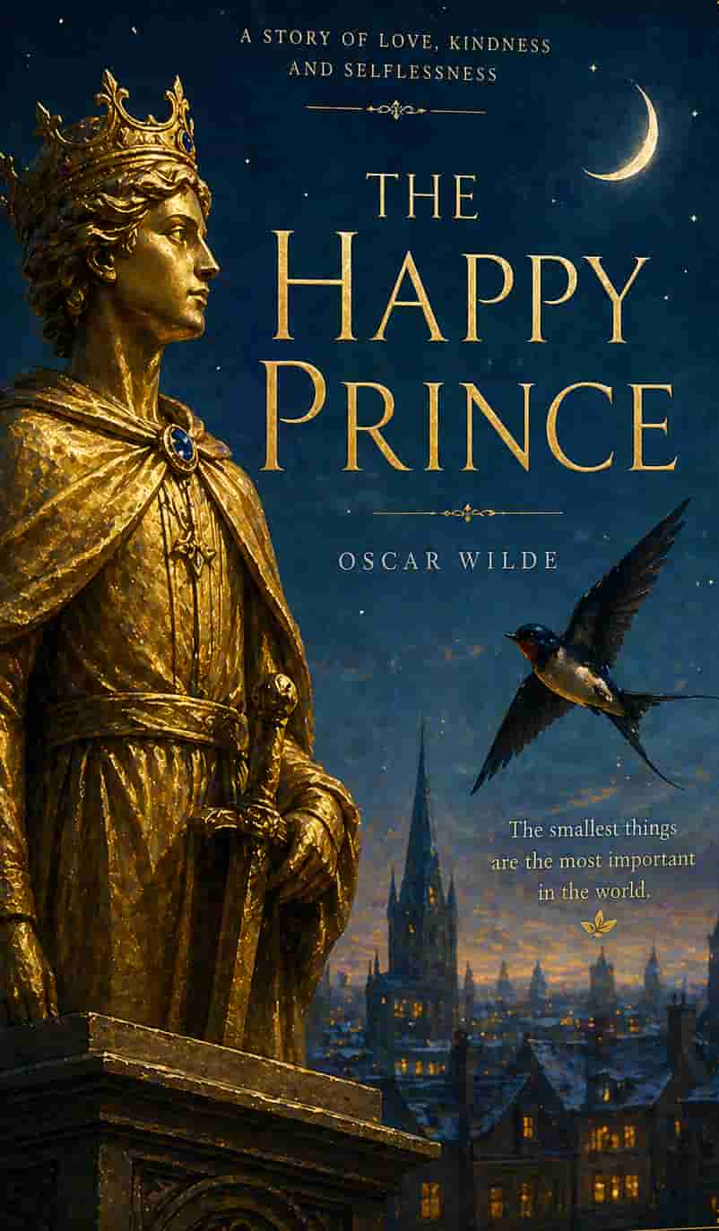 Vintage book cover for The Happy Prince; a golden statue on a tall column with a small swallow in a classic gold and royal blue style.