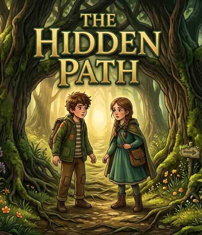 Two young friends exploring a mysterious forest path, discovering a hidden secret with a magical and adventurous atmosphere.