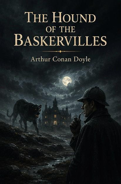 The Hound of the Baskervilles by Arthur Conan Doyle classic mystery novel book cover with Sherlock Holmes detective story
