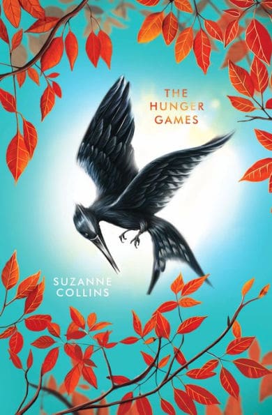 The Hunger Games book cover featuring a determined young archer against a glowing golden mockingbird in a dramatic dystopian landscape.