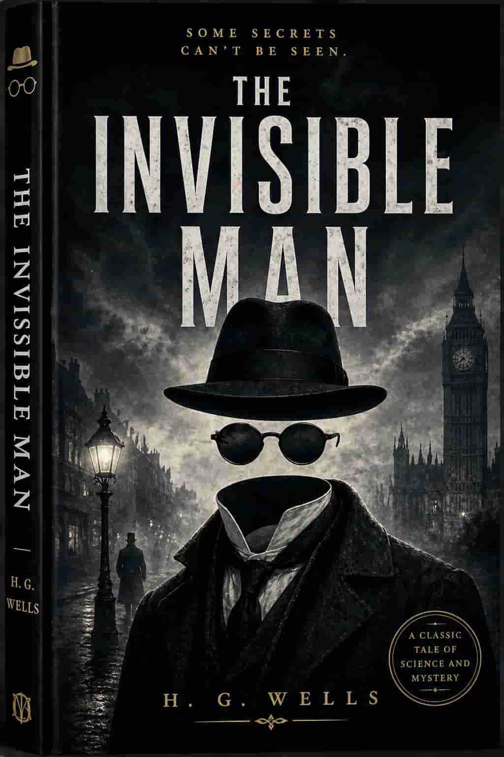 Vintage cover of The Invisible Man by H.G. Wells with classic typography and mystery-themed Victorian illustration.