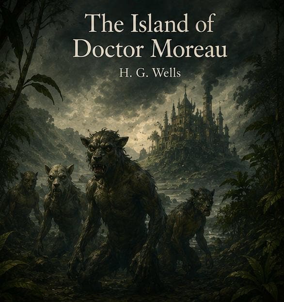 The Island of Doctor Moreau by H. G. Wells classic science fiction novel book cover about experiments, mystery, and humanity