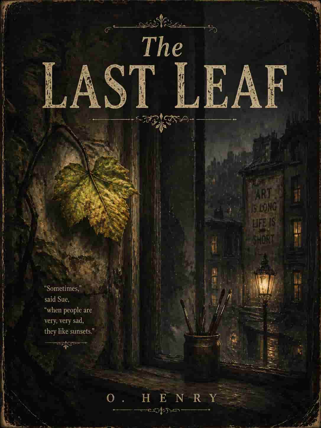 Vintage book cover for The Last Leaf; a single ivy leaf clinging to a brick wall in the rain, in a classic painterly illustrated style.