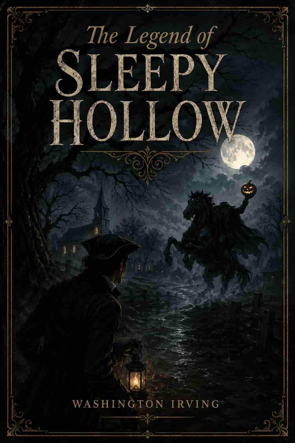 Vintage Sleepy Hollow cover; a shadowy headless horseman on a black steed in a misty forest at night. Classic gothic illustrated style.