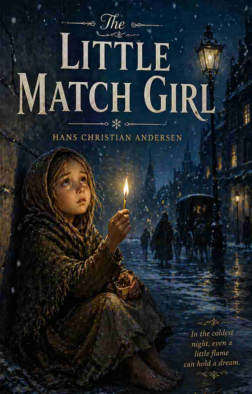 Vintage Little Match Girl cover; a glowing match flame in dark, snowy city streets. Classic gold and winter blue illustrated style.