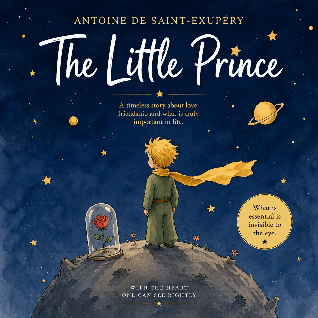 The Little Prince illustration with a young boy standing on a small planet surrounded by stars