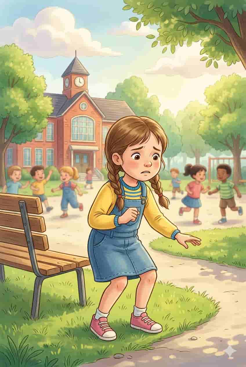 A young girl named Anna looking worried in a school playground while searching for her backpack