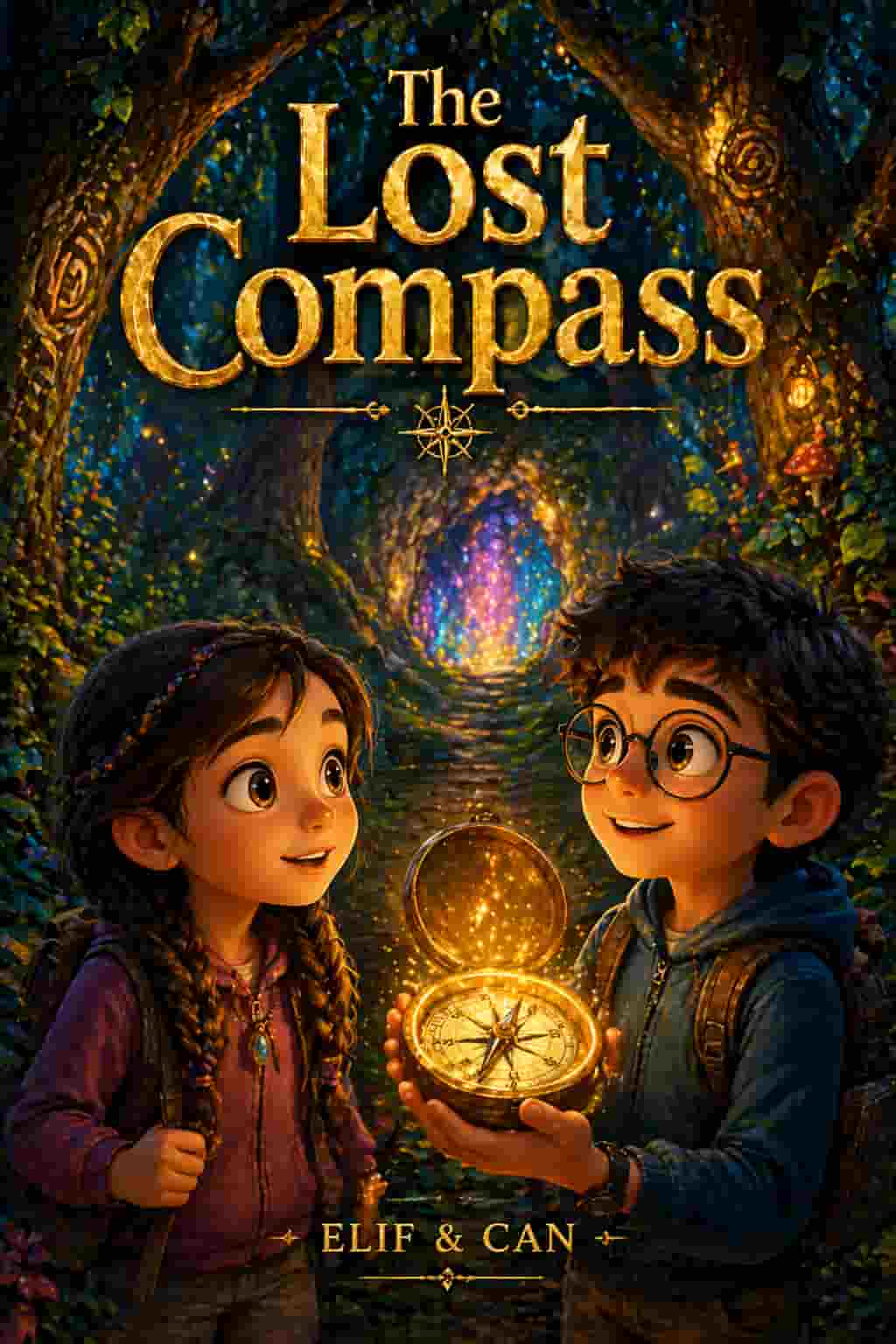 Elif and Can study an ancient map and golden compass in an old room, with a mysterious forest visible in the background.
