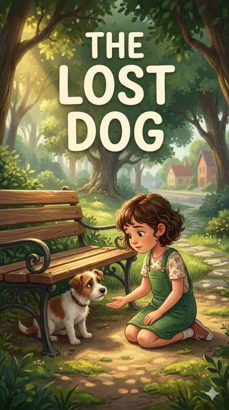 A young girl helping a small lost dog in a park, showing kindness and care in a calm environment.