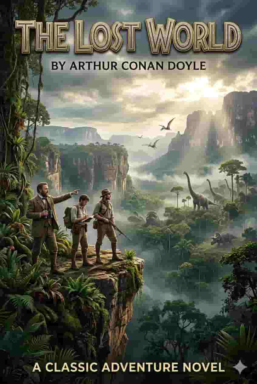 Explorers looking at dinosaurs on a jungle plateau with cliffs and mist, adventure book cover design