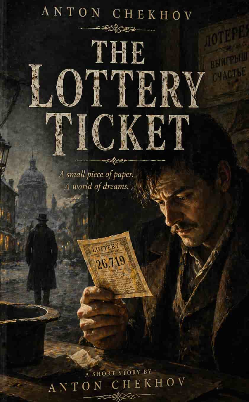Vintage book cover for The Lottery Ticket; an old lottery ticket and a magnifying glass in a classic gold and deep brown illustrated style.