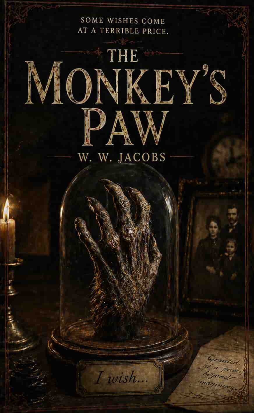 Vintage book cover for The Monkey's Paw; a mummified monkey's paw and a glowing fireplace in a dark, eerie gold and charcoal classic style.