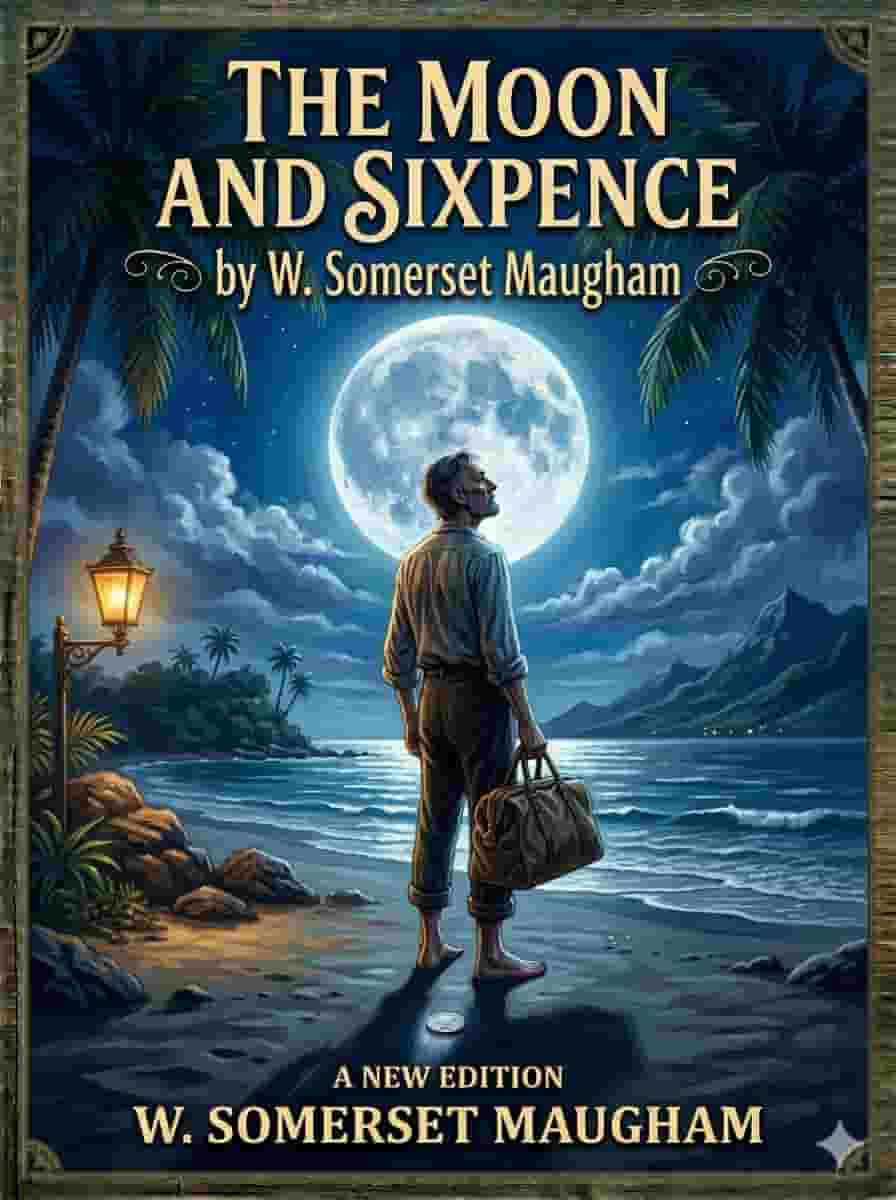 A man looking at the moon with a small coin on the ground, symbolic and artistic book cover design