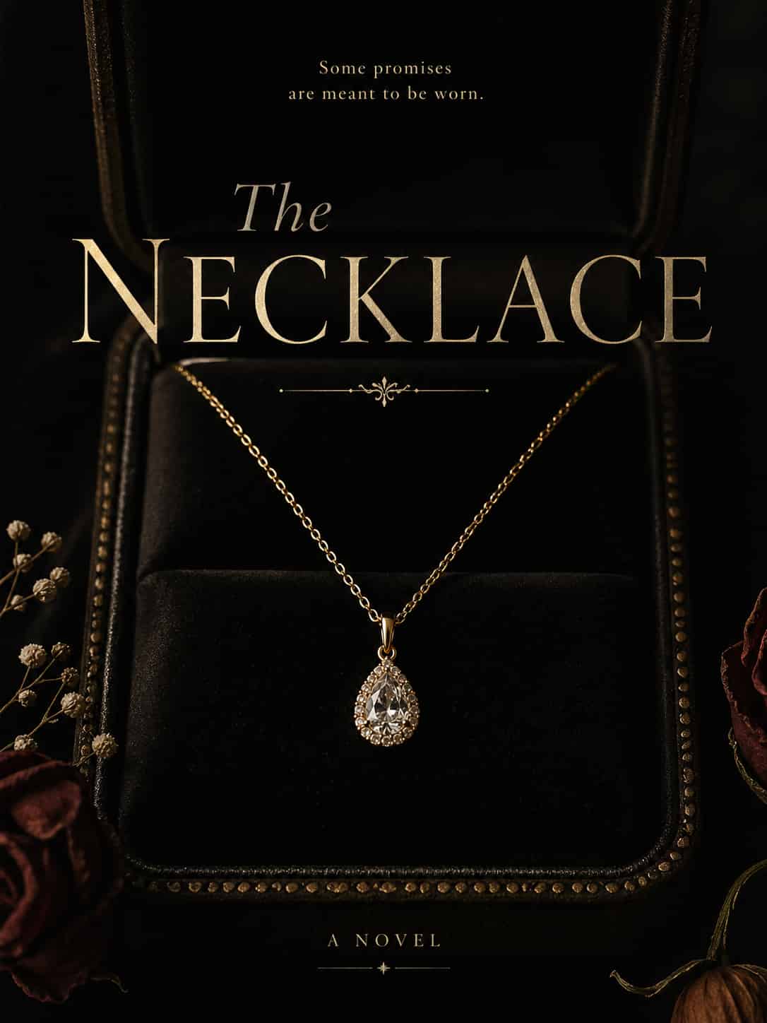 Vintage cover for The Necklace; a sparkling diamond necklace on a velvet cushion with a classic Victorian era aesthetic.
