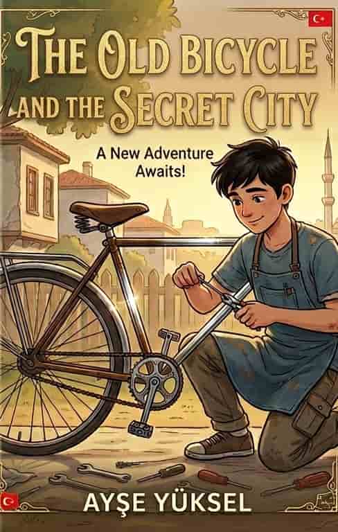 A young boy fixing an old bicycle in a small yard, showing effort, patience, and determination.