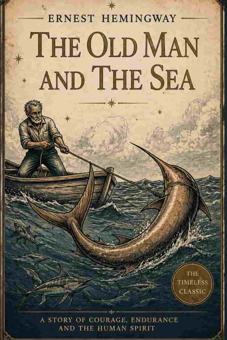Illustrated book cover of The Old Man and the Sea showing an old man in a small boat battling a massive marlin amidst sharks in the ocean.