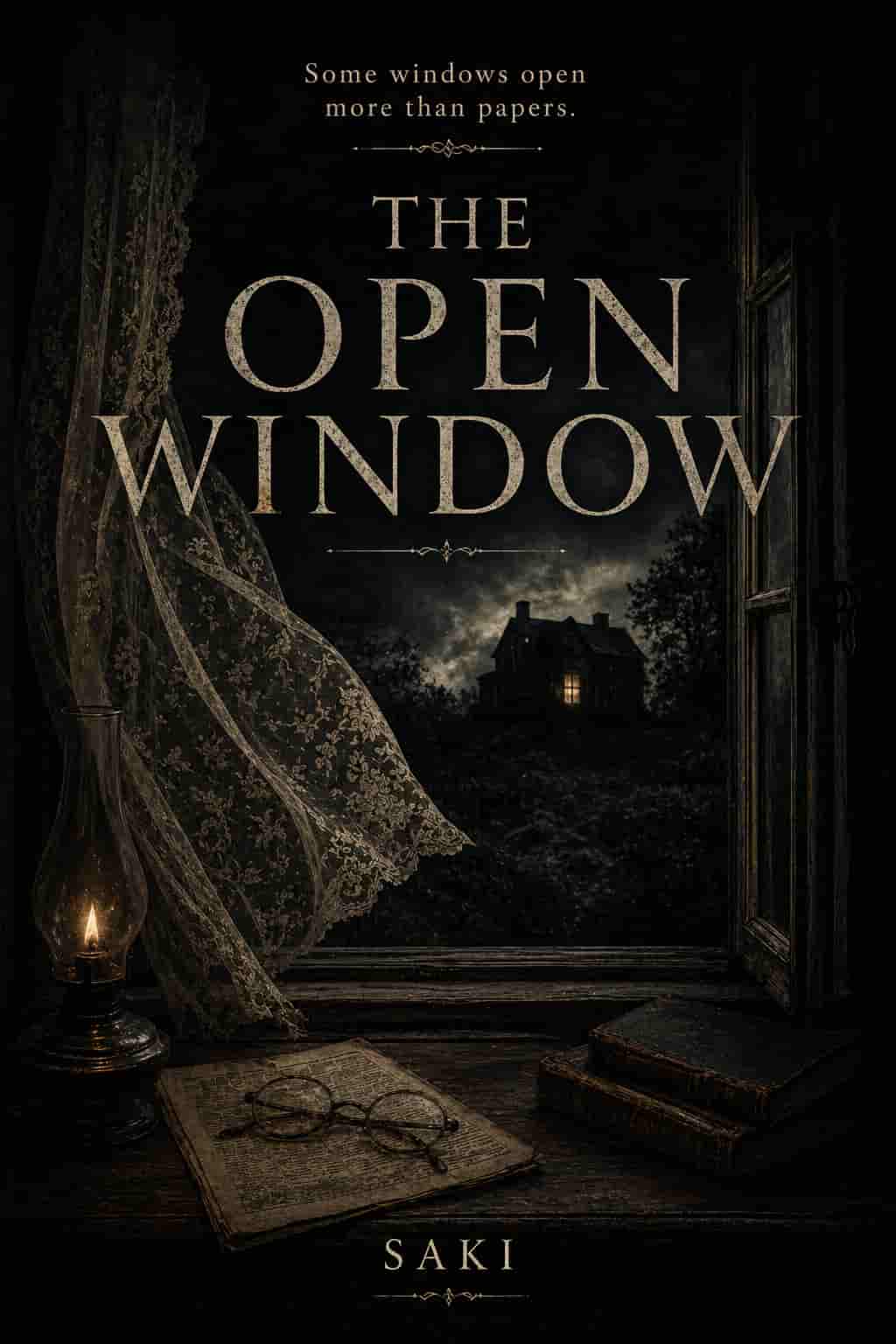 Vintage cover for The Open Window; a large open French window looking out onto a misty garden in a classic Edwardian illustrated style.