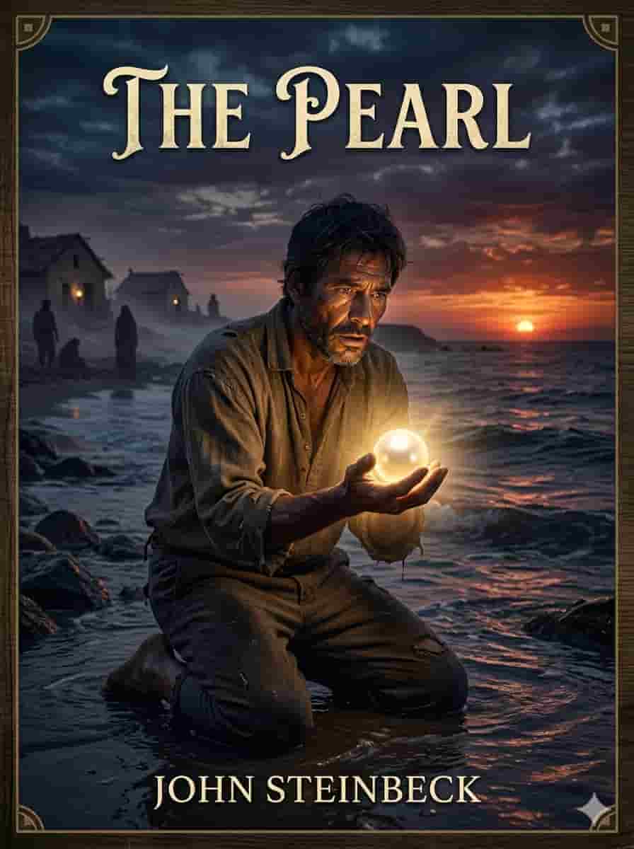 A fisherman holding a glowing pearl near the ocean at sunset, dramatic and symbolic book cover design