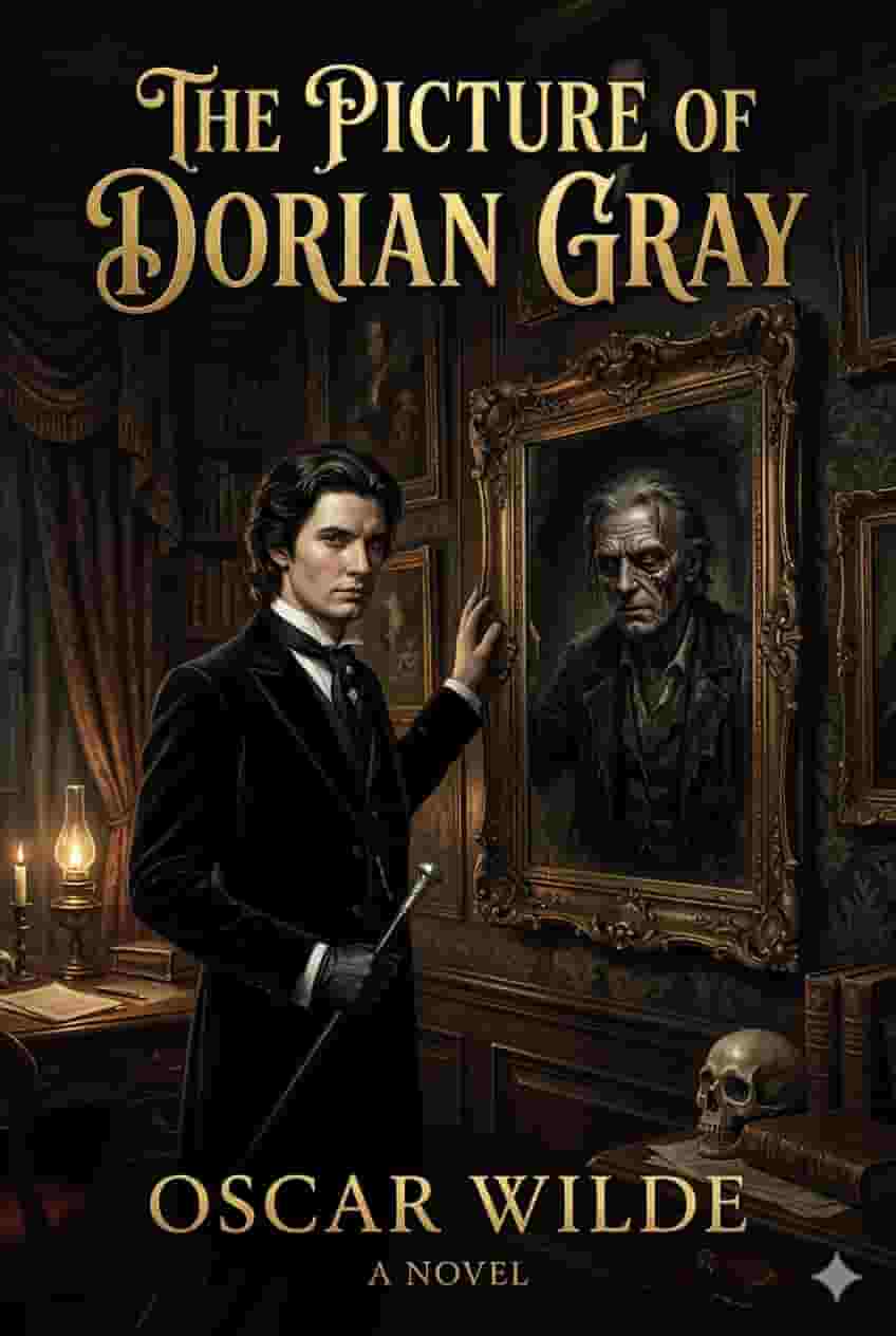 A young man looking at a corrupted reflection in a portrait, dark and symbolic gothic book cover design