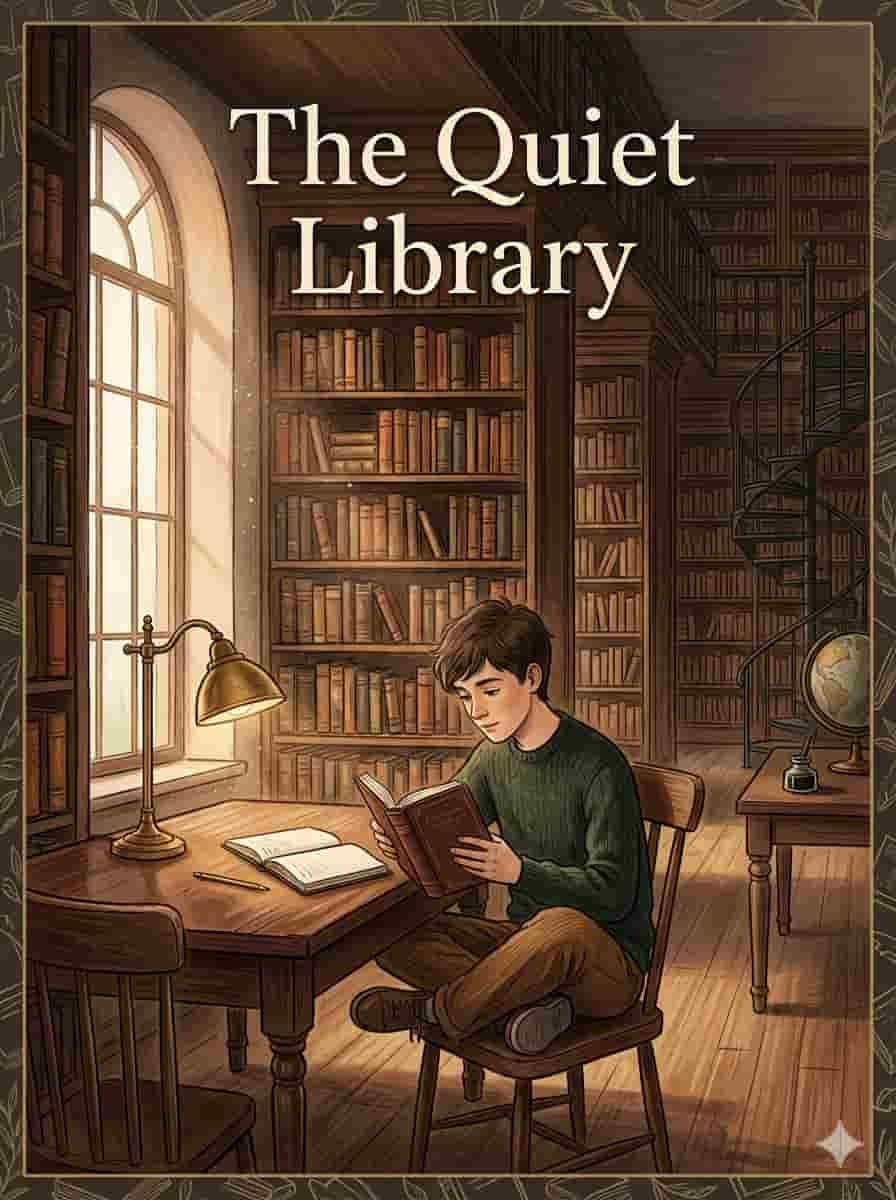 A young student reading a book in a quiet library, with a notebook on the table, creating a calm and thoughtful atmosphere.