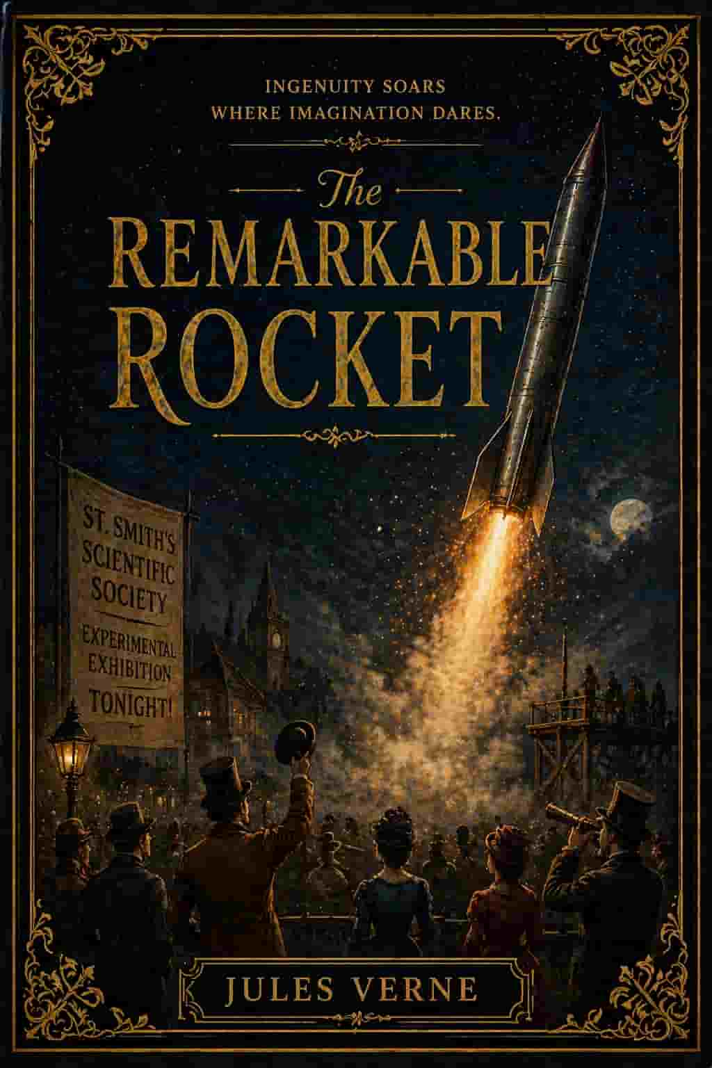 Vintage book cover for The Remarkable Rocket; a grand, ornate firework against a night sky with golden stars in a classic Victorian style.