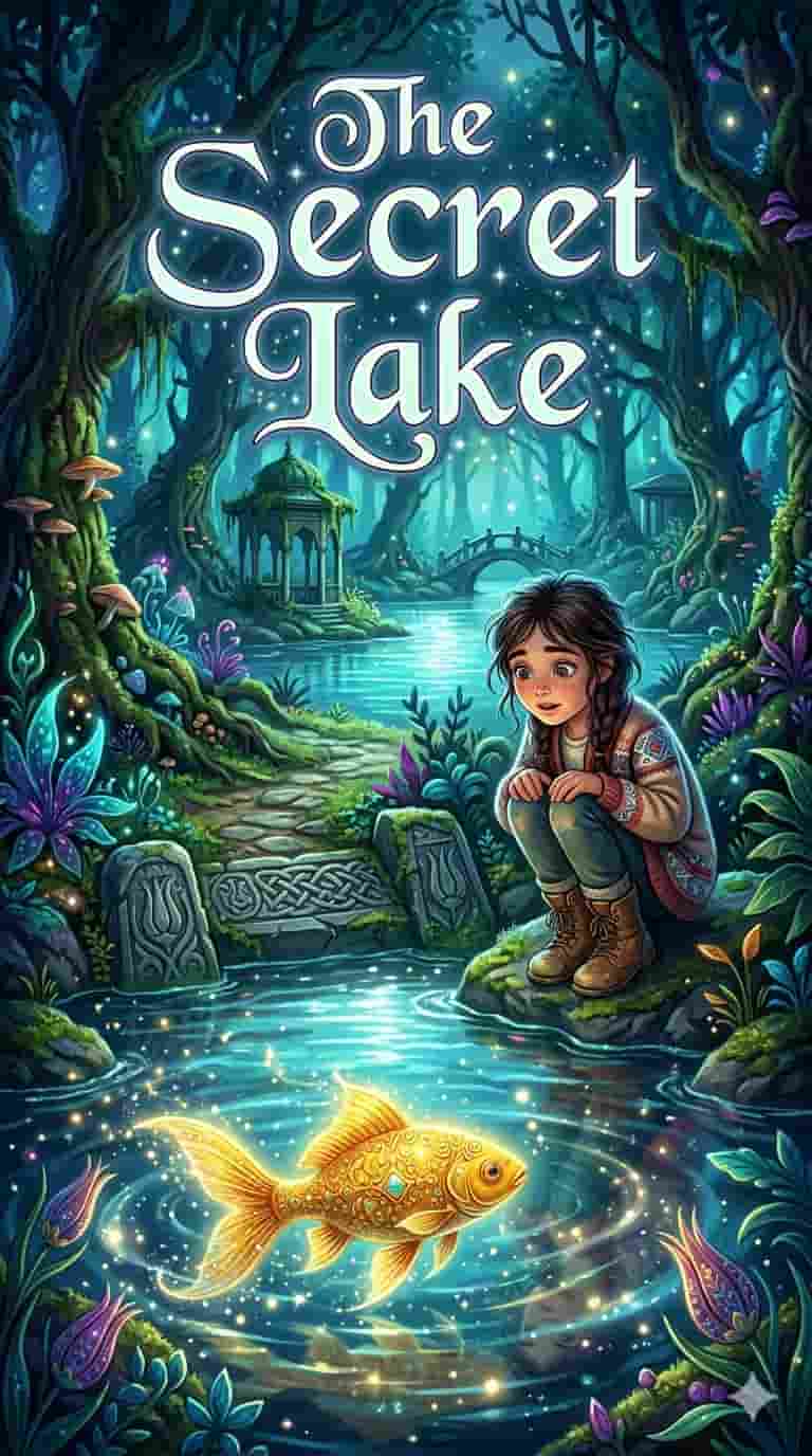 A young girl sitting by a peaceful lake in the forest, watching a glowing golden fish in calm water.
