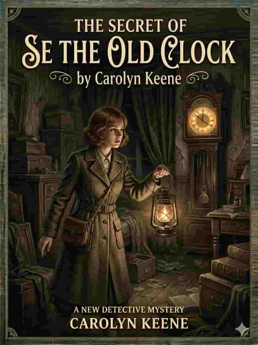 A young detective with a lantern looking at an old clock in a dark room, mysterious book cover design