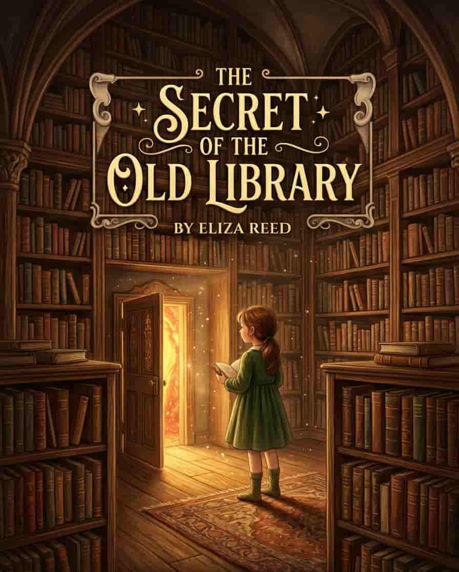 A young girl standing inside an old library, looking at a hidden door with warm light coming from inside, tall bookshelves