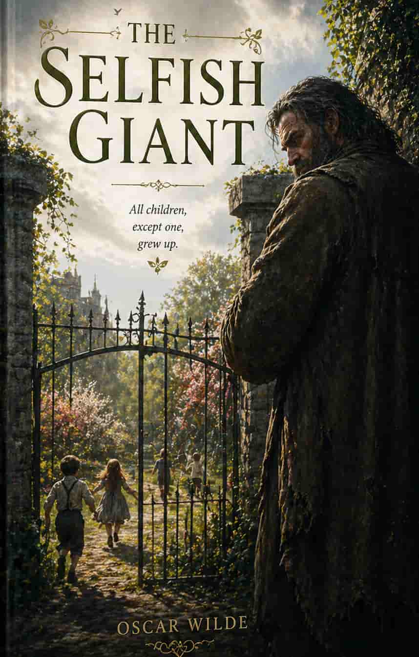 Vintage book cover for The Selfish Giant featuring a high stone wall, a blossoming tree, and a giant figure in a classic illustrated style.