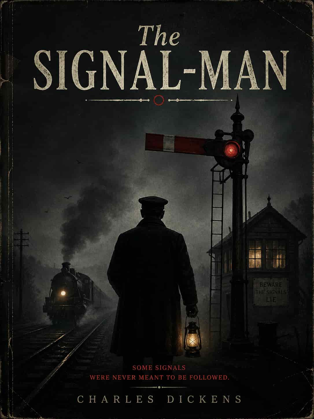 Vintage book cover for The Signal-Man; a lonely railway tunnel, a red signal light, and a misty figure in a classic dark gothic style.