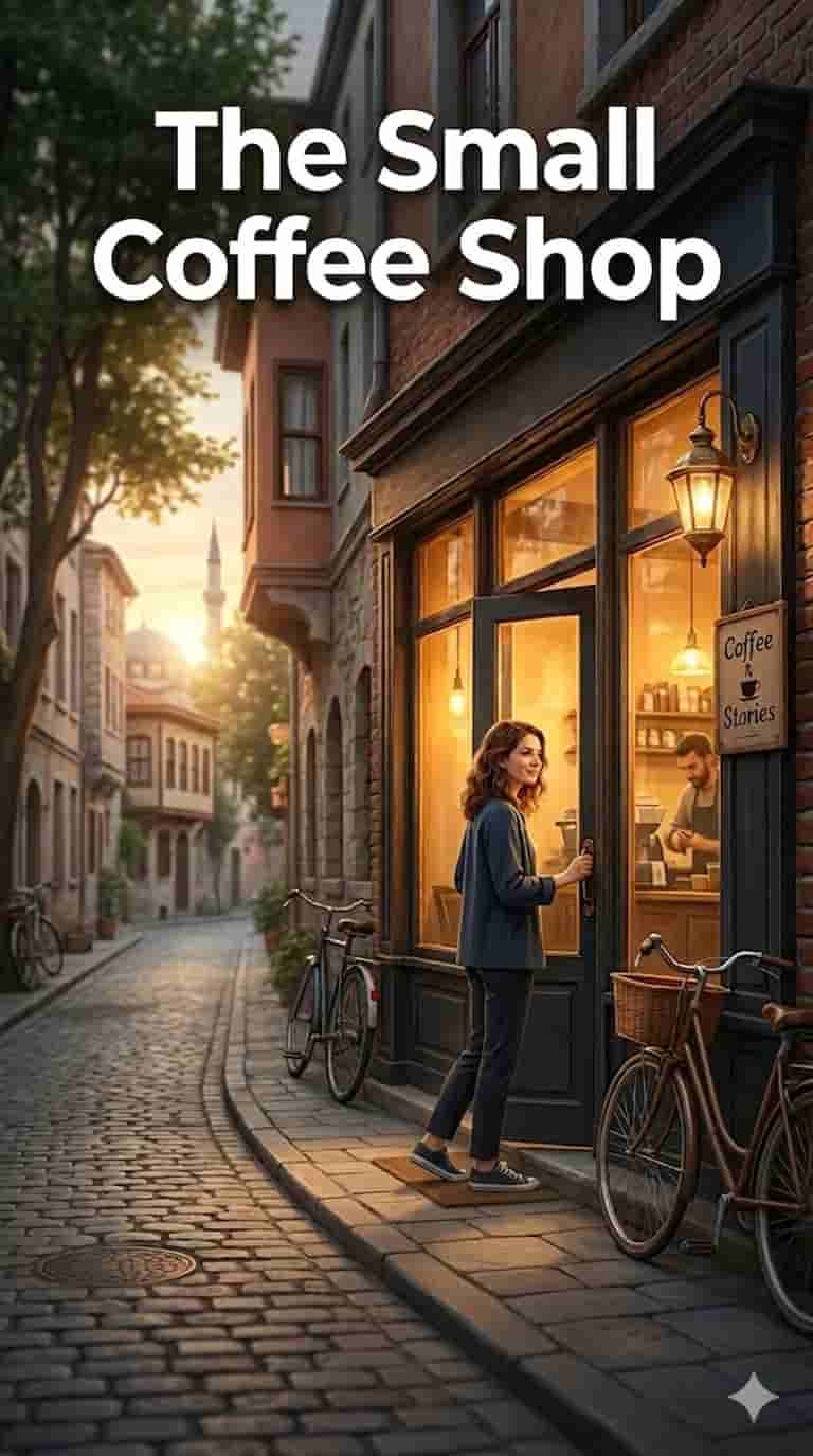 A young woman working in a cozy coffee shop, serving coffee to happy customers in a warm and friendly environment.