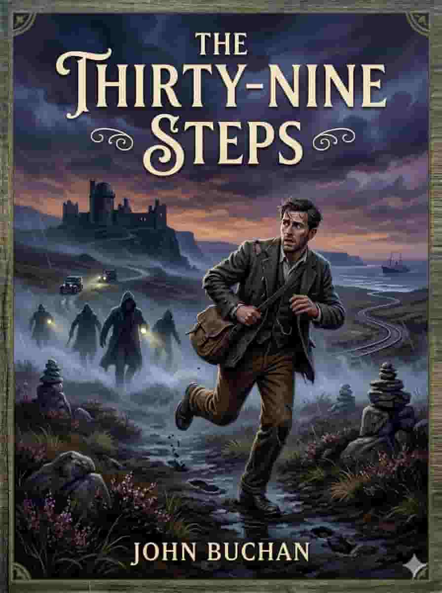 A man running across a dark landscape with shadows chasing him, suspenseful thriller book cover design