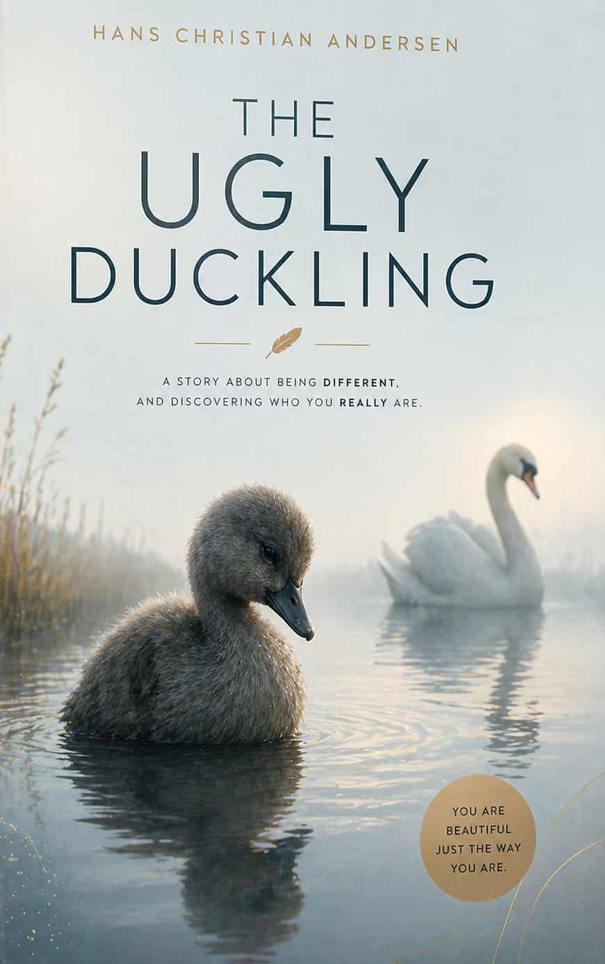 Vintage book cover for The Ugly Duckling; a majestic white swan reflected in a peaceful pond with gold and blue classic illustrated details.
