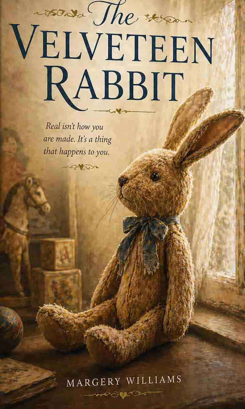 Vintage book cover for The Velveteen Rabbit; a soft toy rabbit sitting in a nursery with nostalgic gold and earthy tones in a classic style.