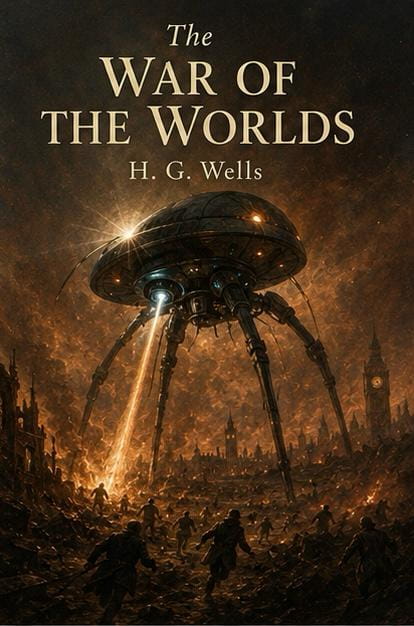 The War of the Worlds cover showing H. G. Wells’s science fiction classic of Martian invasion and human survival.