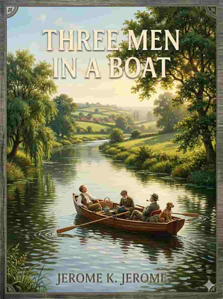 Three men and a dog in a small boat on a calm river, light and humorous classic book cover design